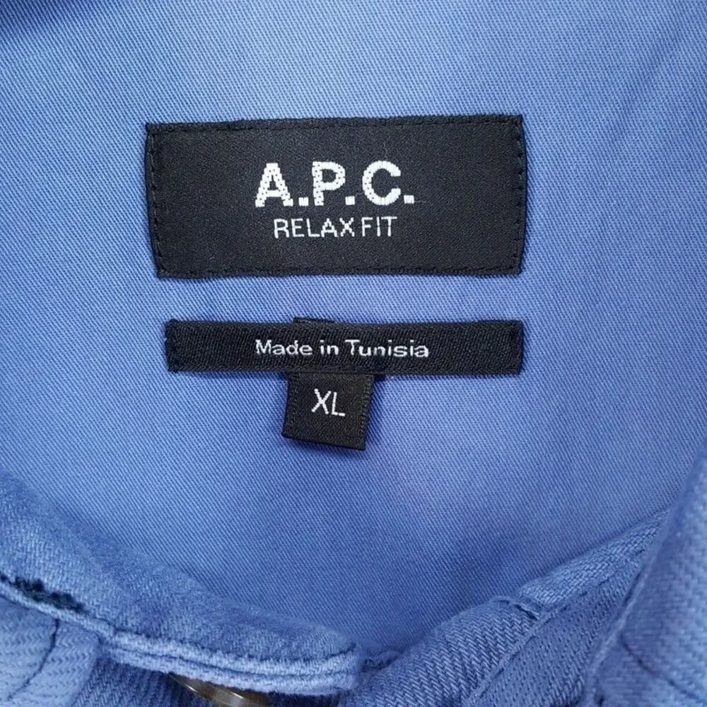 APC Overshirt Jacket Mens XL Blue Button Up Cotton Twill Logo Pocket LEON $335